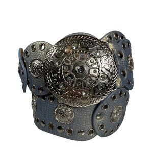 Wide belt silver light‎ blue boho chic western steampunk concho round buckle